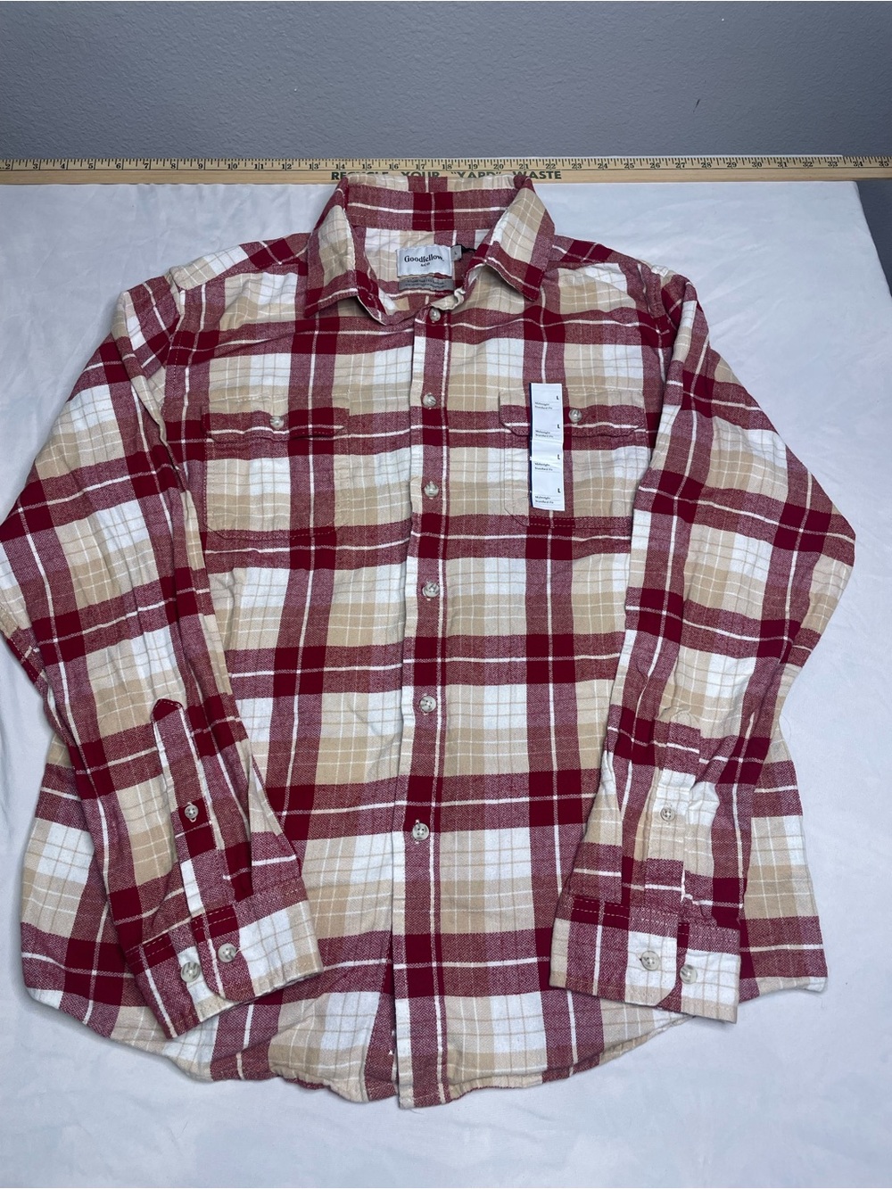Goodfellow & Co Men’s Large Midweight Flannel Shirt Red Tan Plaid SKU045